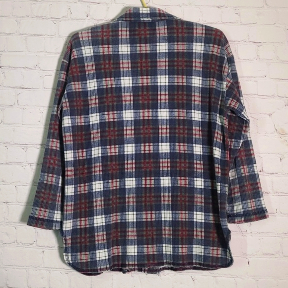 Vintage 80s Waffle Knit Blue Red Plaid Flannel Button Front Shirt Womens Small - Picture 14 of 16